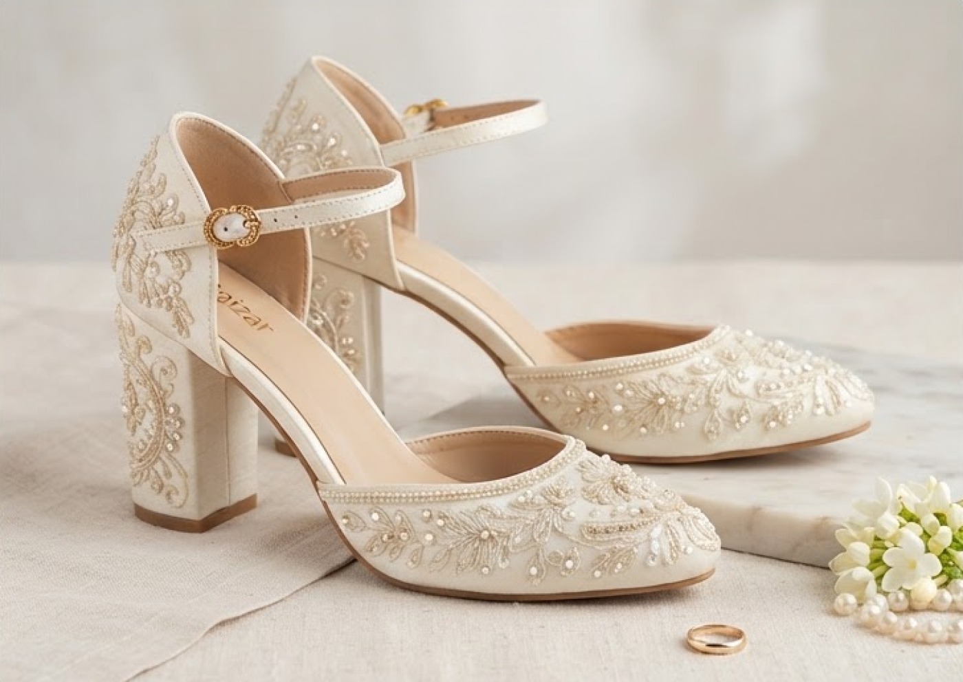 Ivory Grace Block Heel — Pearl-beaded ivory